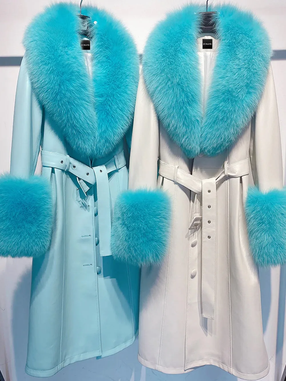 Faux Fur Genuine Leather Coat in Light Blue & Blue