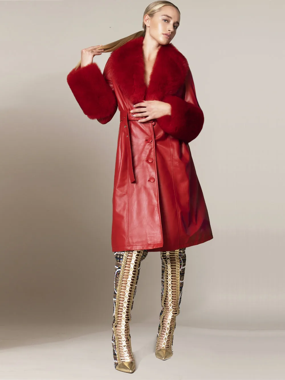 Faux Fur Genuine Leather Coat in Red