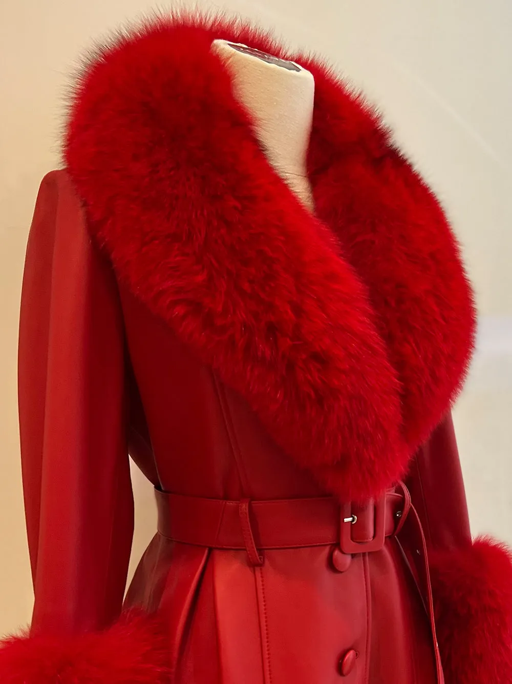 Faux Fur Genuine Leather Coat in Red