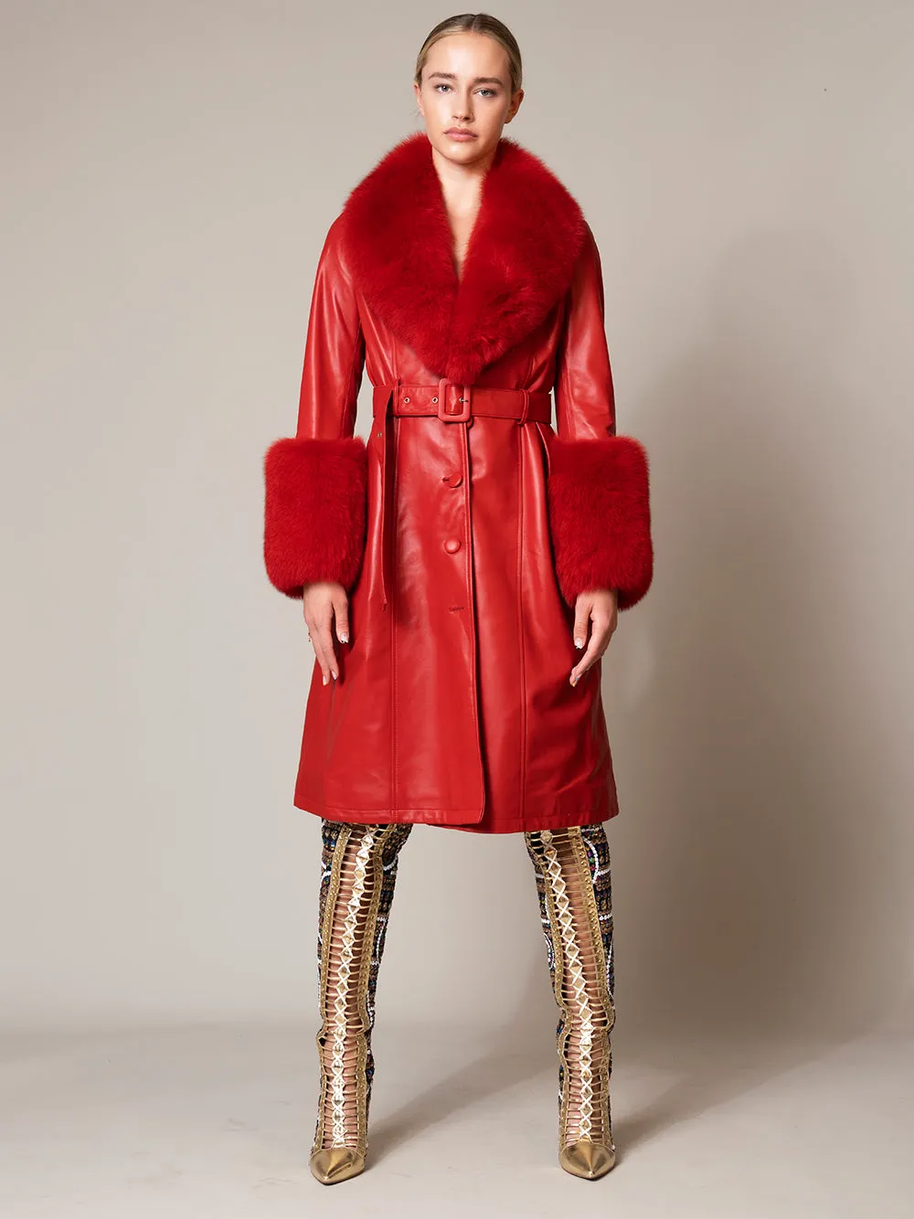 Faux Fur Genuine Leather Coat in Red