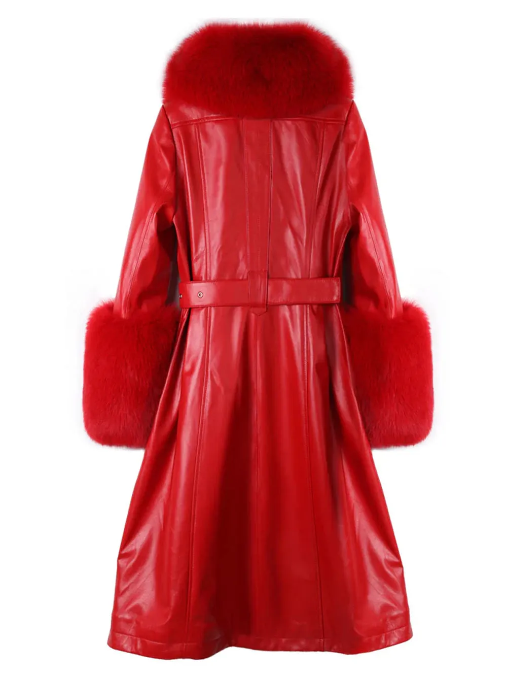 Faux Fur Genuine Leather Coat in Red