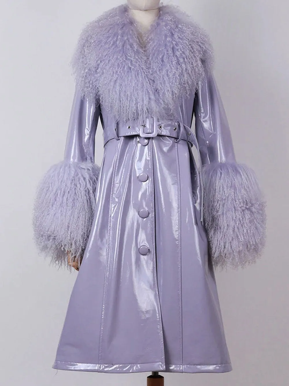 Faux Fur Genuine Leather Coat in Violet