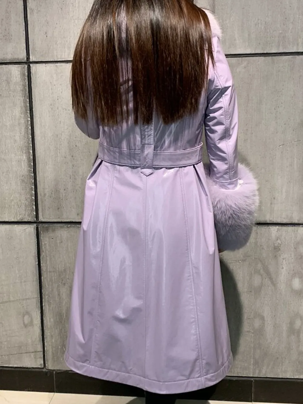 Faux Fur Genuine Leather Coat in Violet
