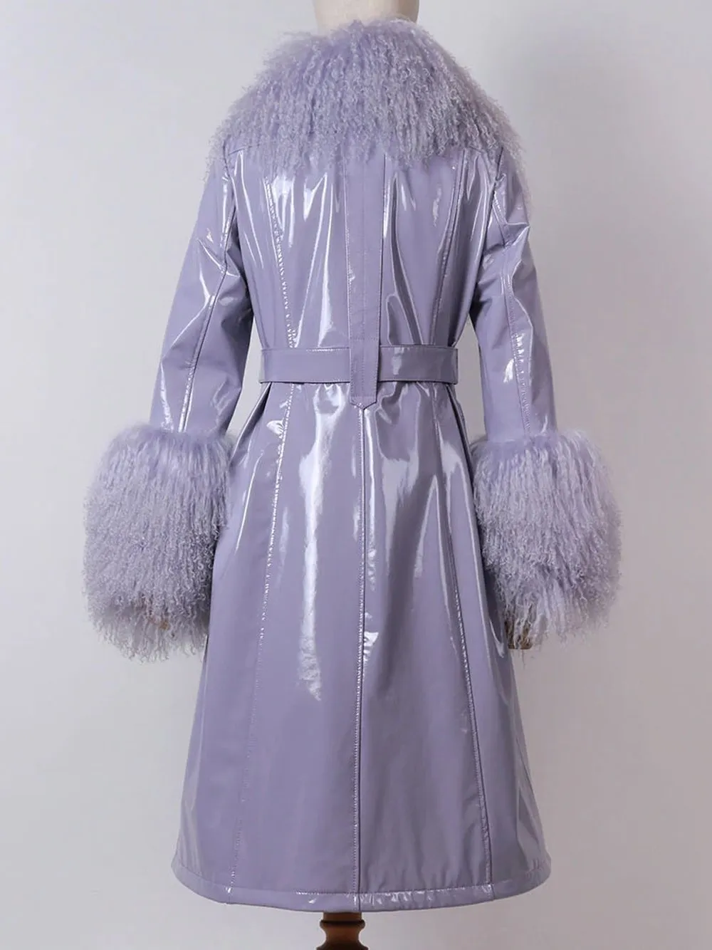 Faux Fur Genuine Leather Coat in Violet