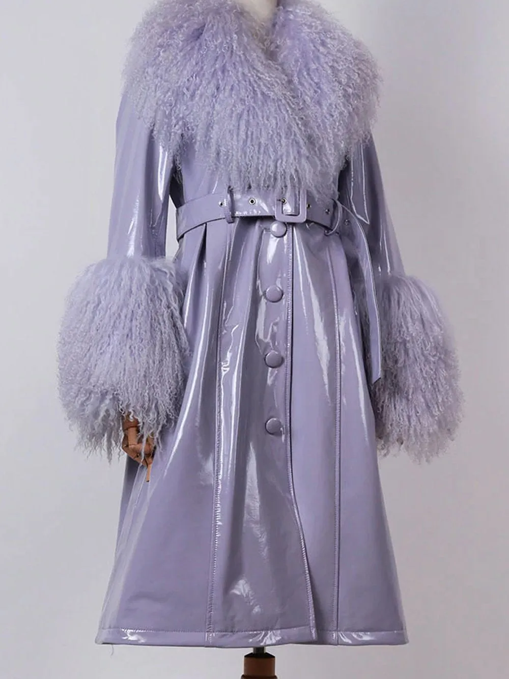 Faux Fur Genuine Leather Coat in Violet