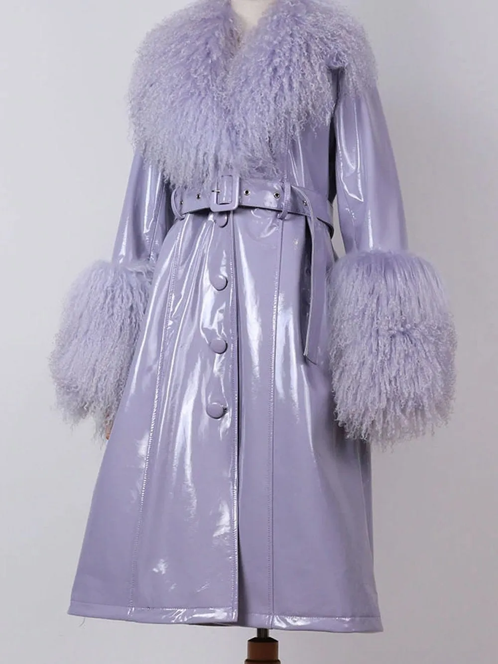Faux Fur Genuine Leather Coat in Violet