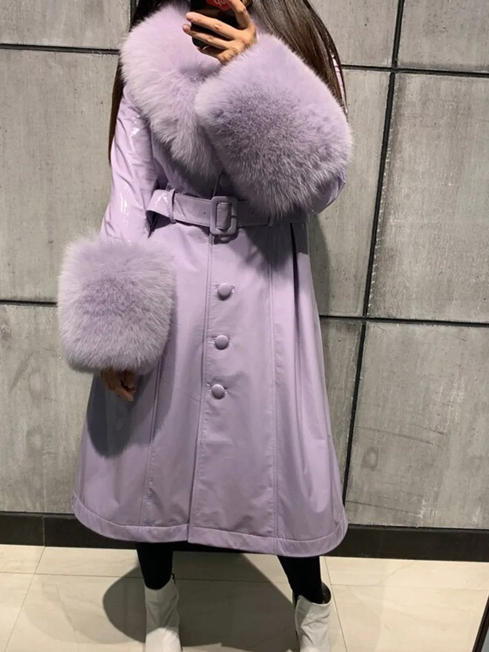 Faux Fur Genuine Leather Coat in Violet