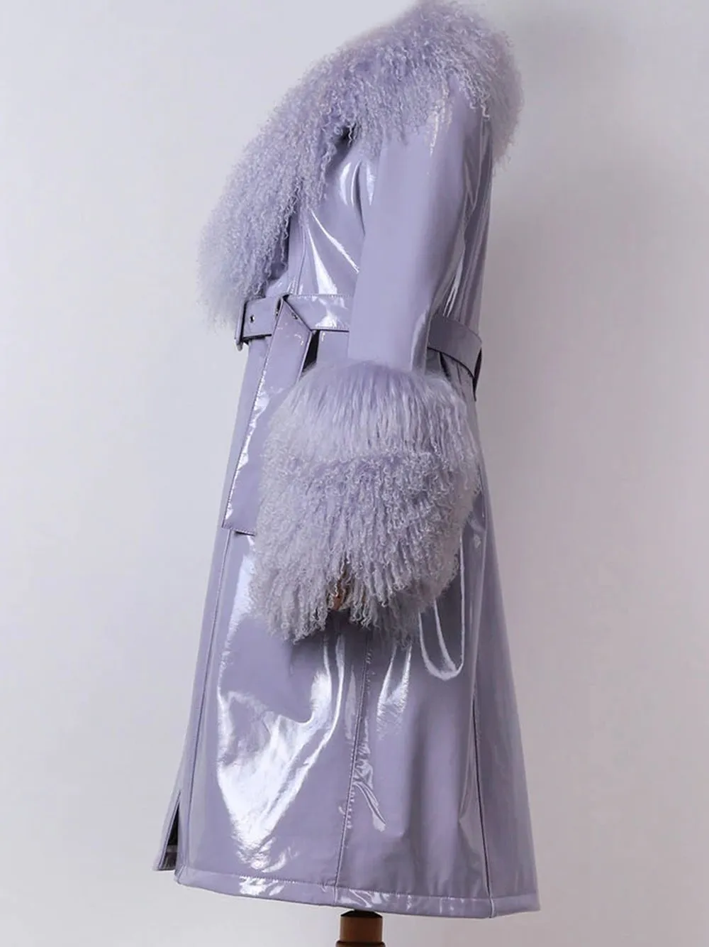Faux Fur Genuine Leather Coat in Violet