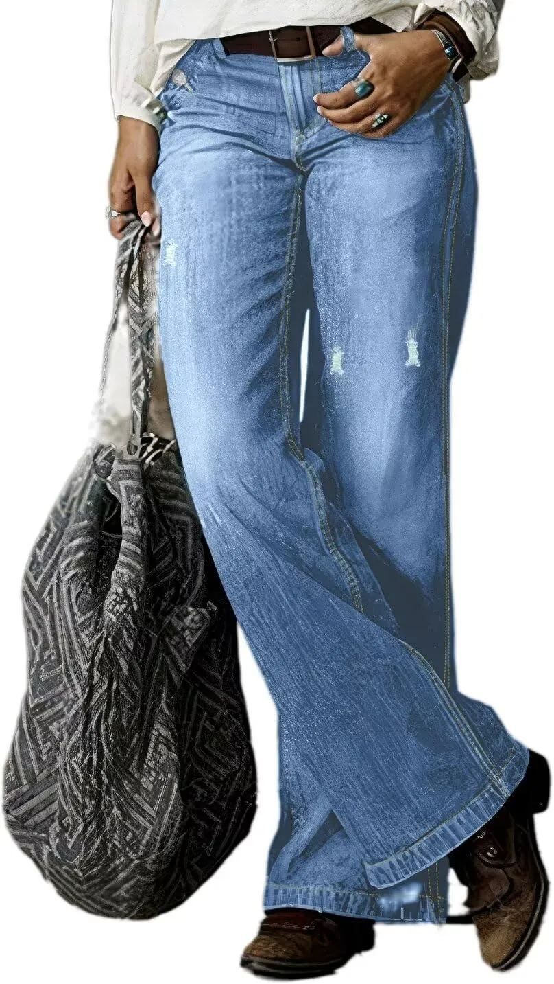 Flamingals Straight Leg Jeans for Women Ripped Raw Hem Mid Waisted Bootcut Jeans Without Belts