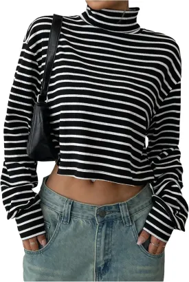 Floerns Women's Mock Turtleneck Long Sleeve Knit Loose Striped Crop T Shirts