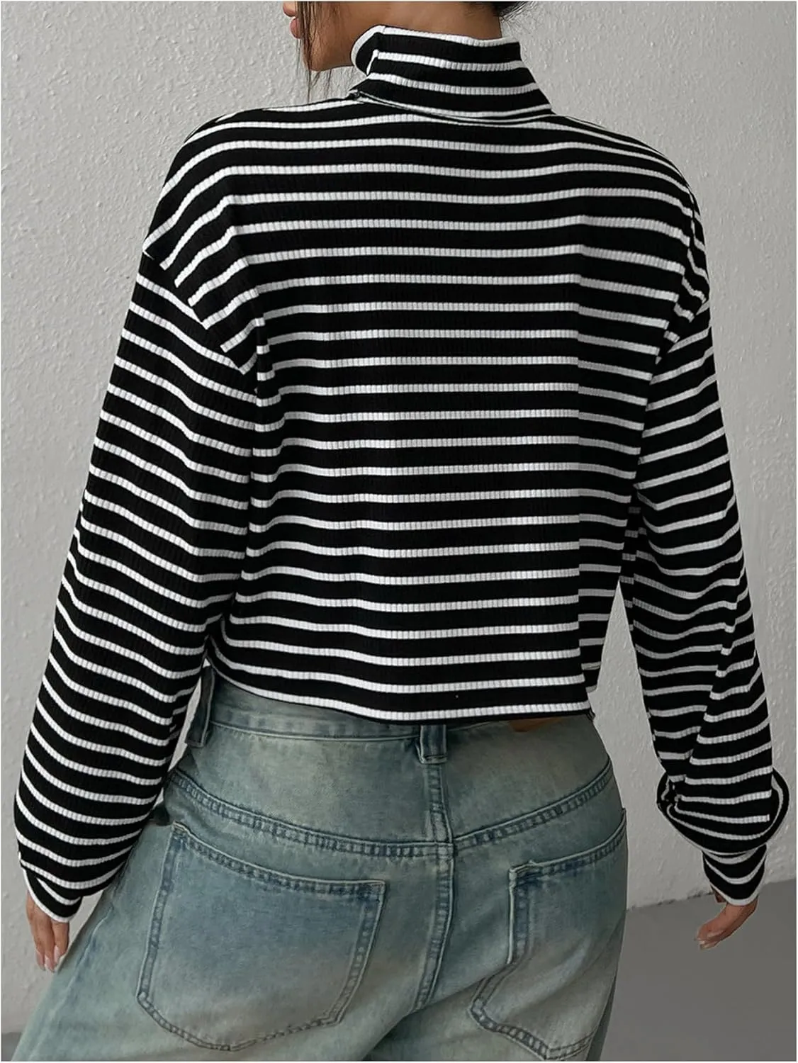 Floerns Women's Mock Turtleneck Long Sleeve Knit Loose Striped Crop T Shirts
