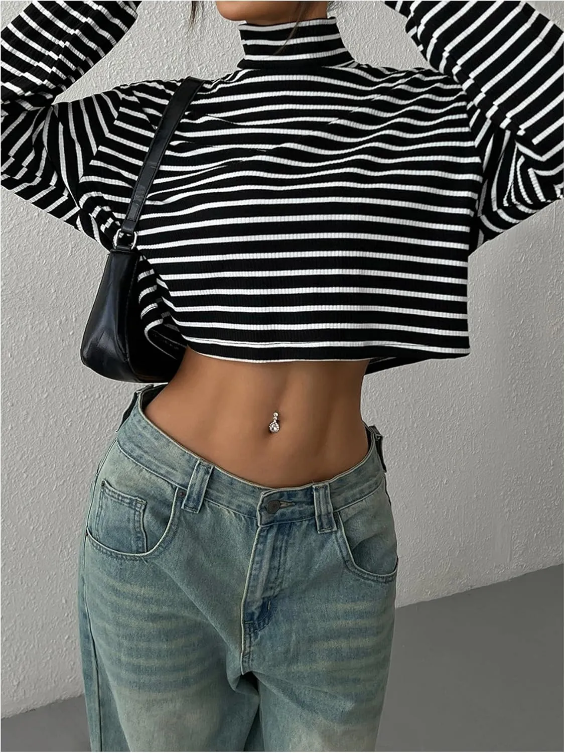 Floerns Women's Mock Turtleneck Long Sleeve Knit Loose Striped Crop T Shirts