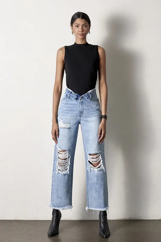 Frayed Flip Waist Straight Jeans
