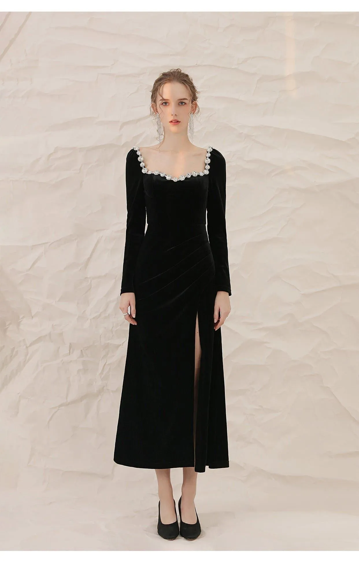 French retro black velvet side slit lbd cocktail dress - Roima