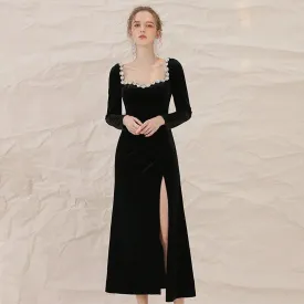French retro black velvet side slit lbd cocktail dress - Roima
