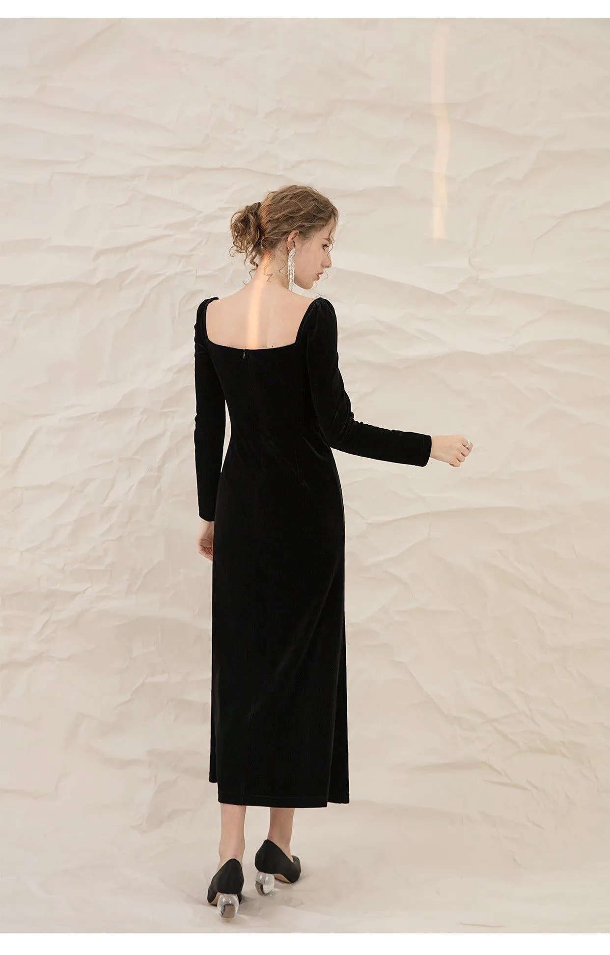 French retro black velvet side slit lbd cocktail dress - Roima