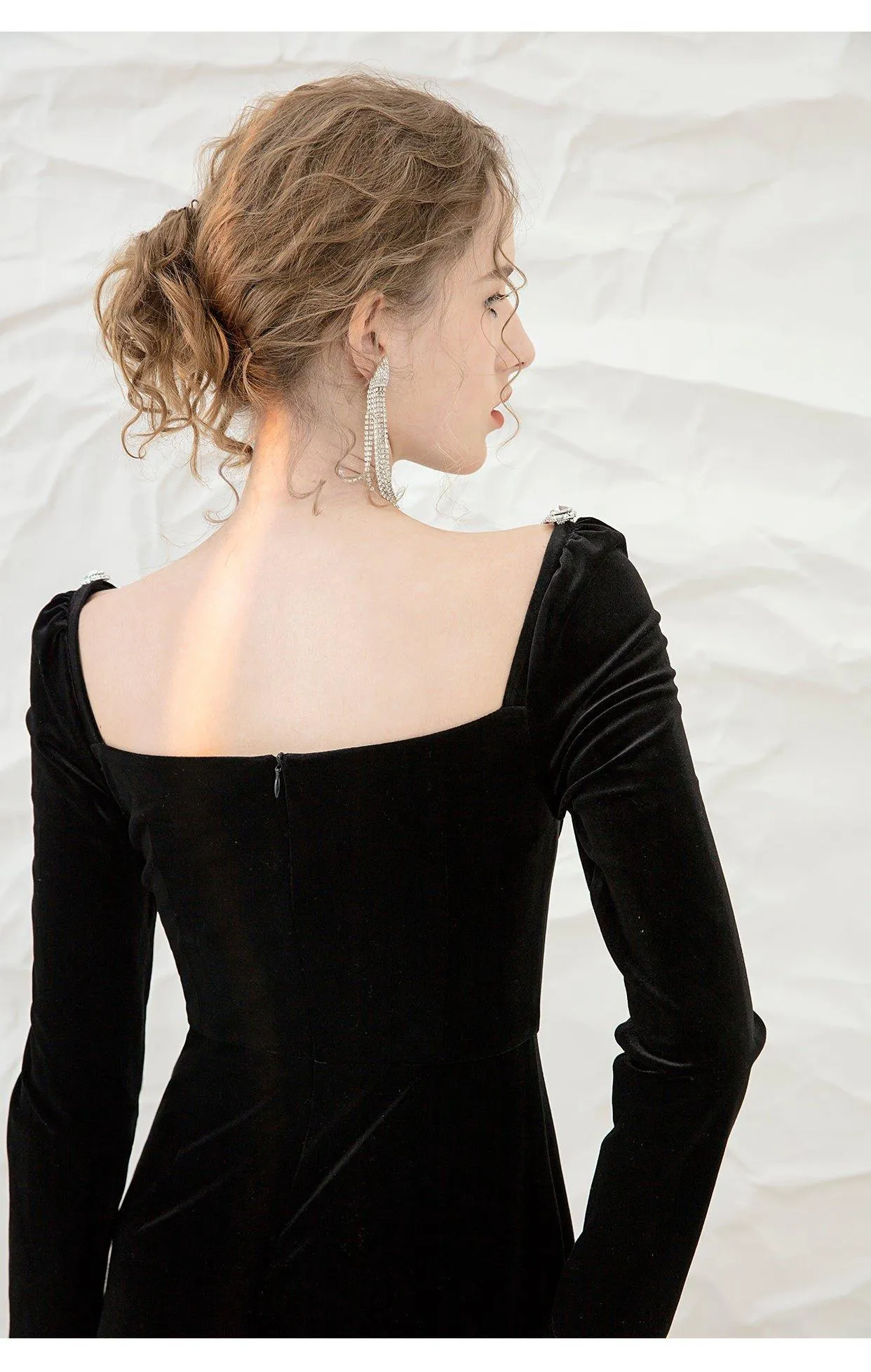 French retro black velvet side slit lbd cocktail dress - Roima