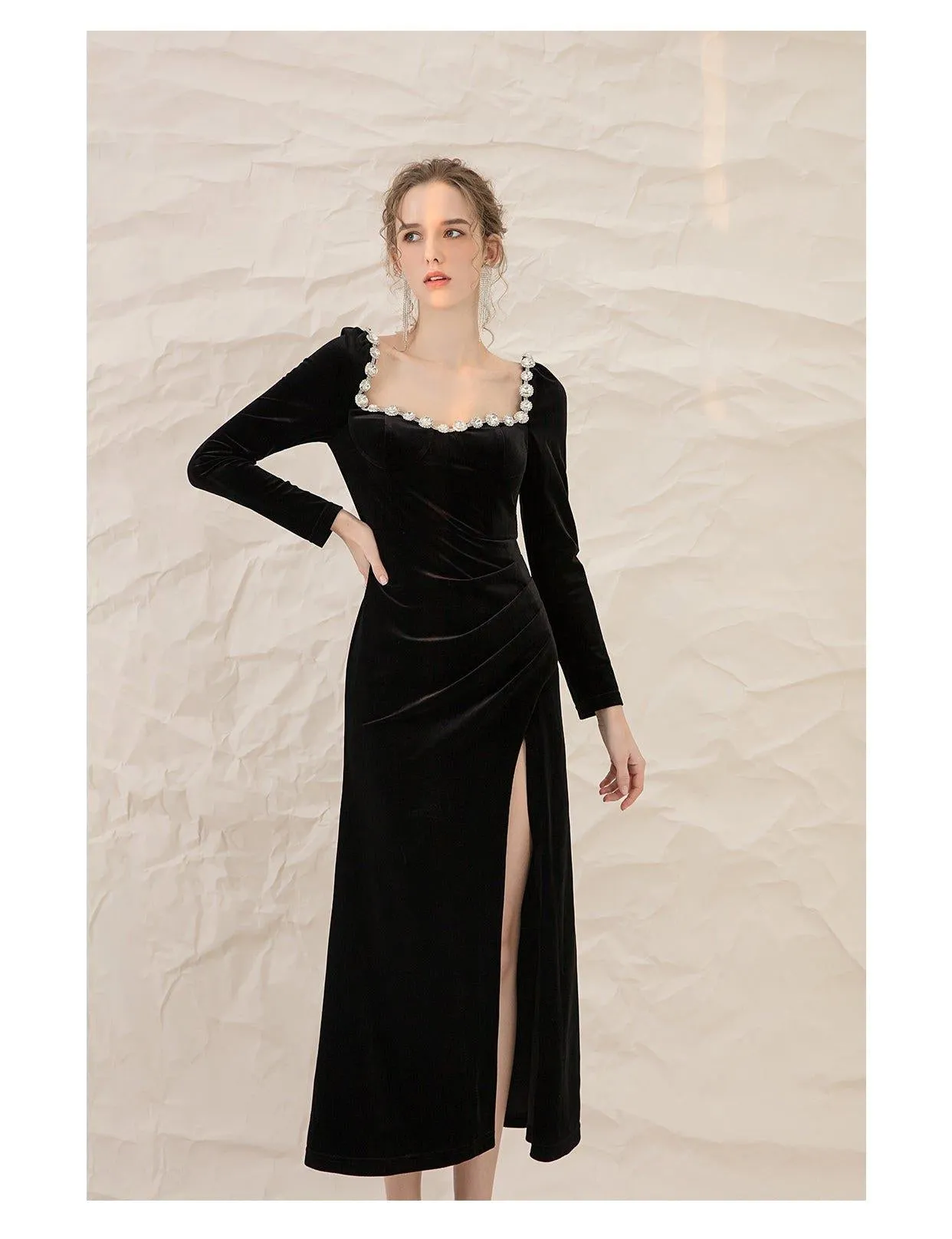 French retro black velvet side slit lbd cocktail dress - Roima