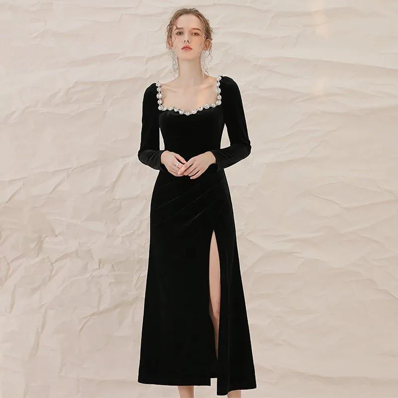 French retro black velvet side slit lbd cocktail dress - Roima