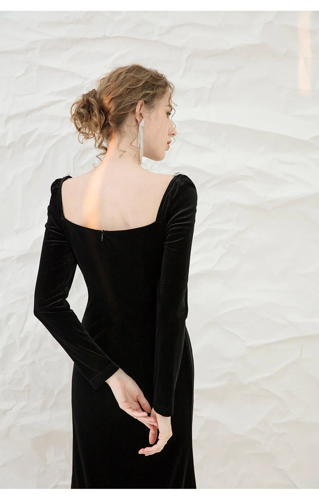 French retro black velvet side slit lbd cocktail dress - Roima