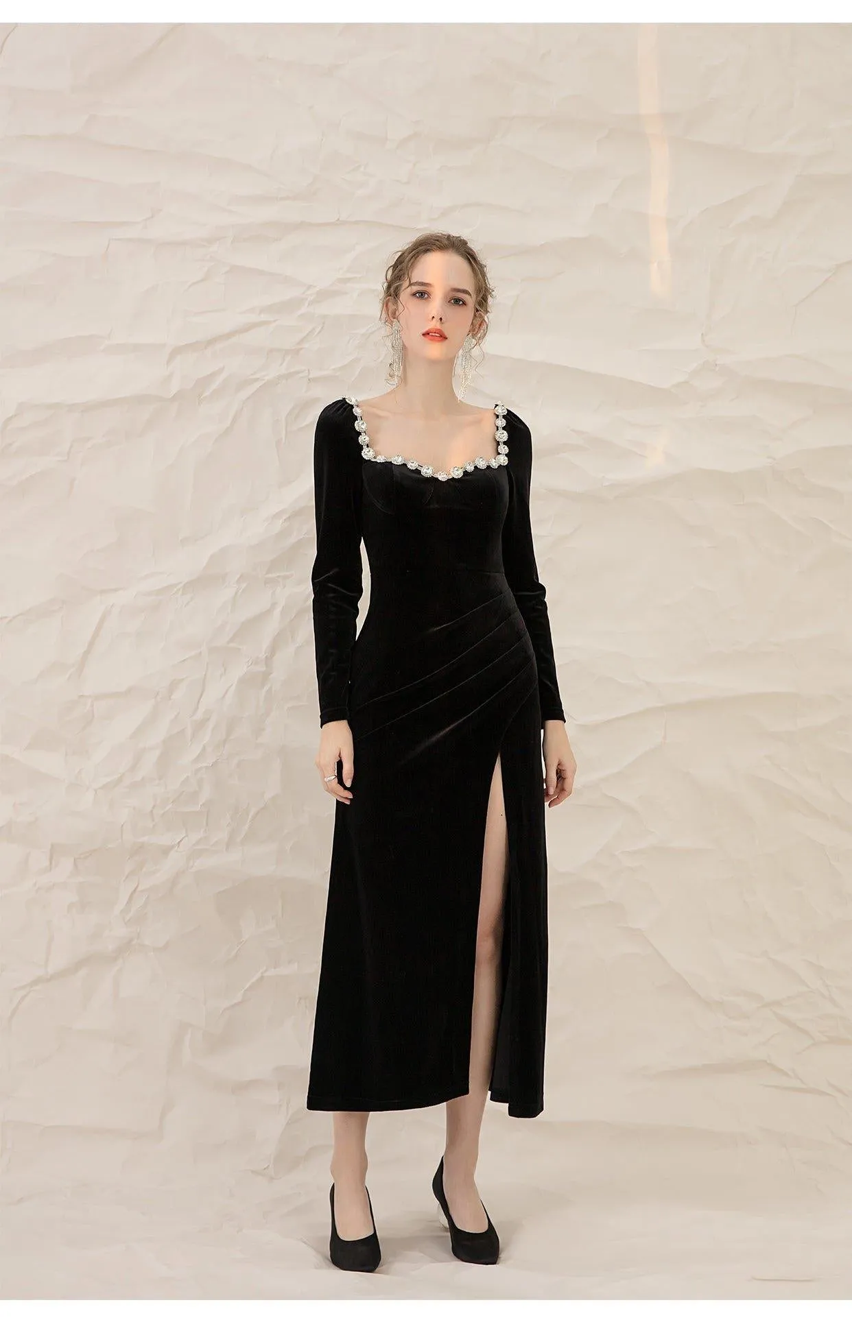 French retro black velvet side slit lbd cocktail dress - Roima