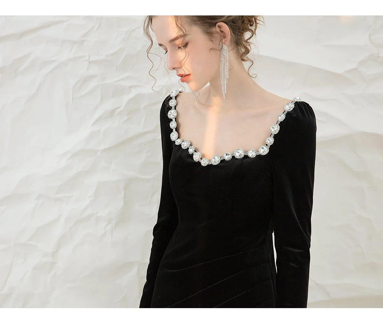 French retro black velvet side slit lbd cocktail dress - Roima