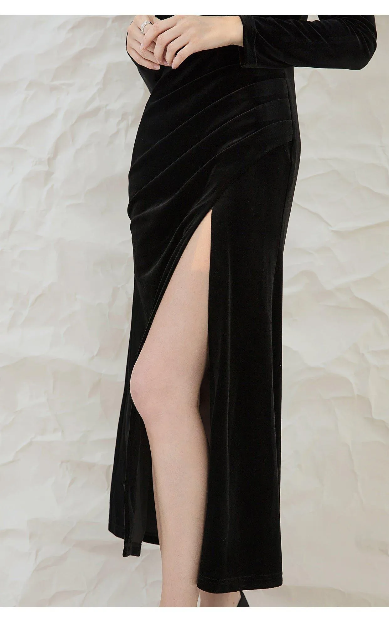 French retro black velvet side slit lbd cocktail dress - Roima