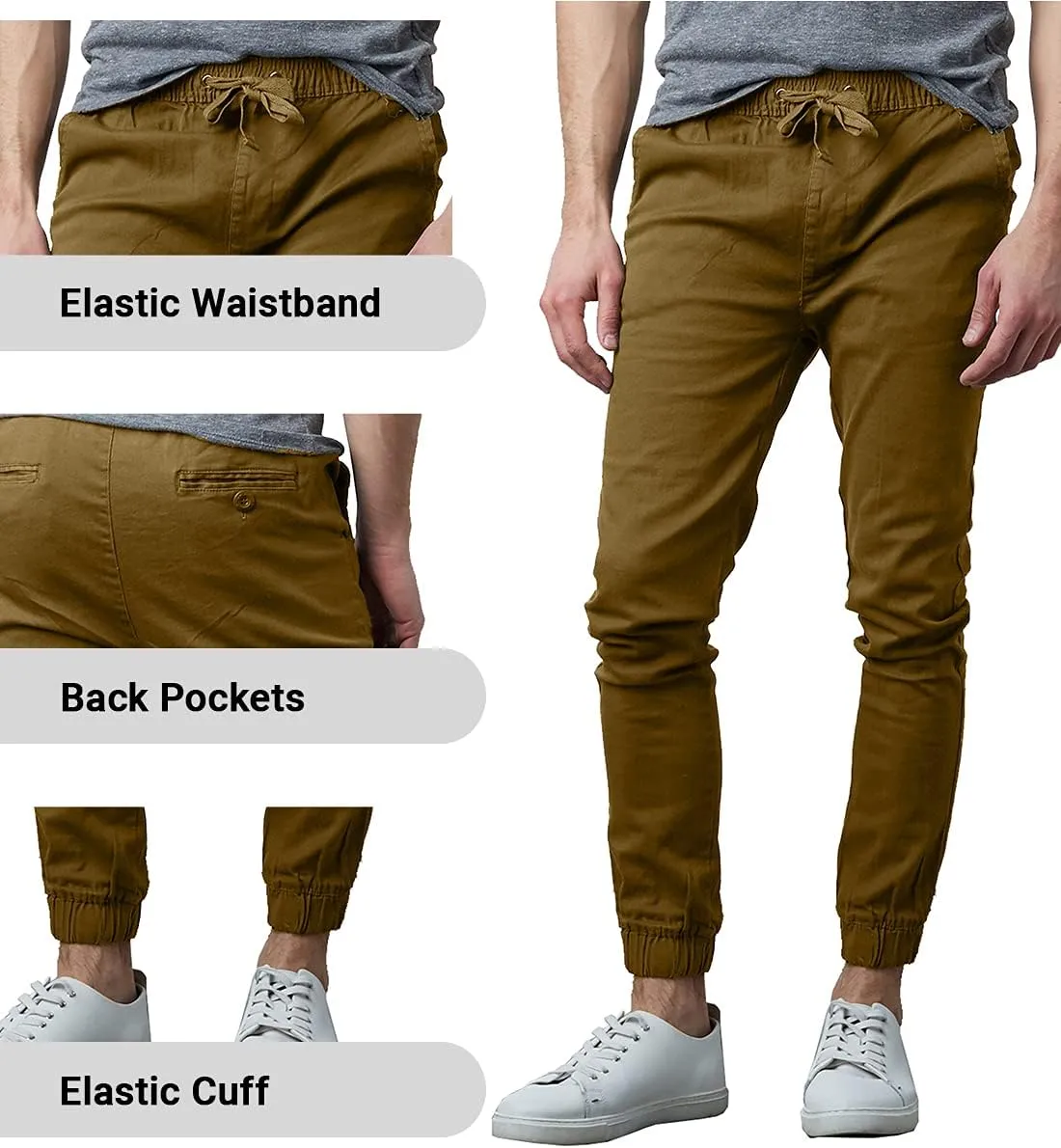 Galaxy by Harvic Men's Basic Stretch Twill Joggers Chinos Hiking Drawstring