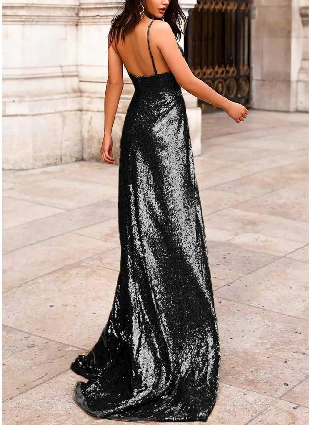 GORAIS Women Sequin Prom Dress V-Neck Spaghetti Strap Evening Dresses Long High Slit Cocktail Formal Gowns