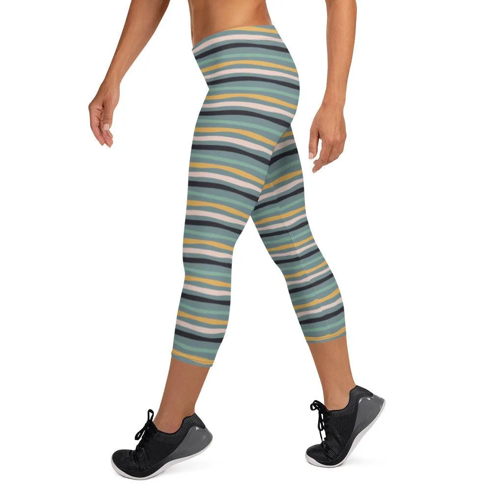 Green Tropical Stripes Women's Capri Leggings