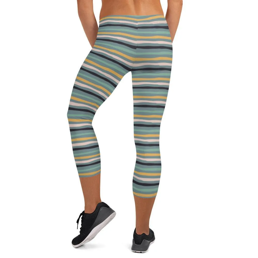 Green Tropical Stripes Women's Capri Leggings