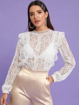 Guipure Lace Frill Trim Sheer Blouse