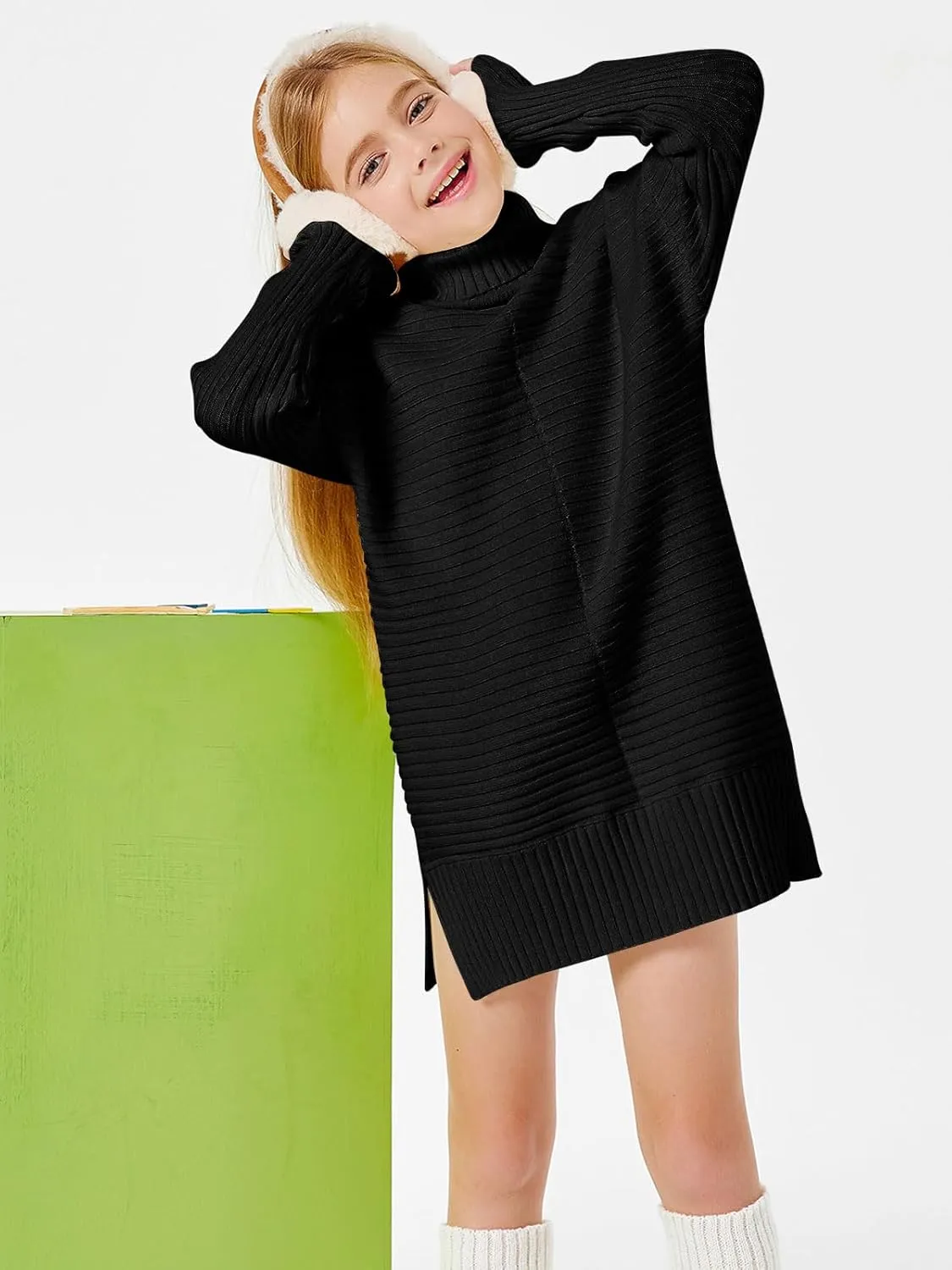 Haloumoning Kids Girls Turtleneck Tunic Sweaters Dress Oversized Long Sleeve Knit Chunky Pullover Jumper with Slit 5-14T