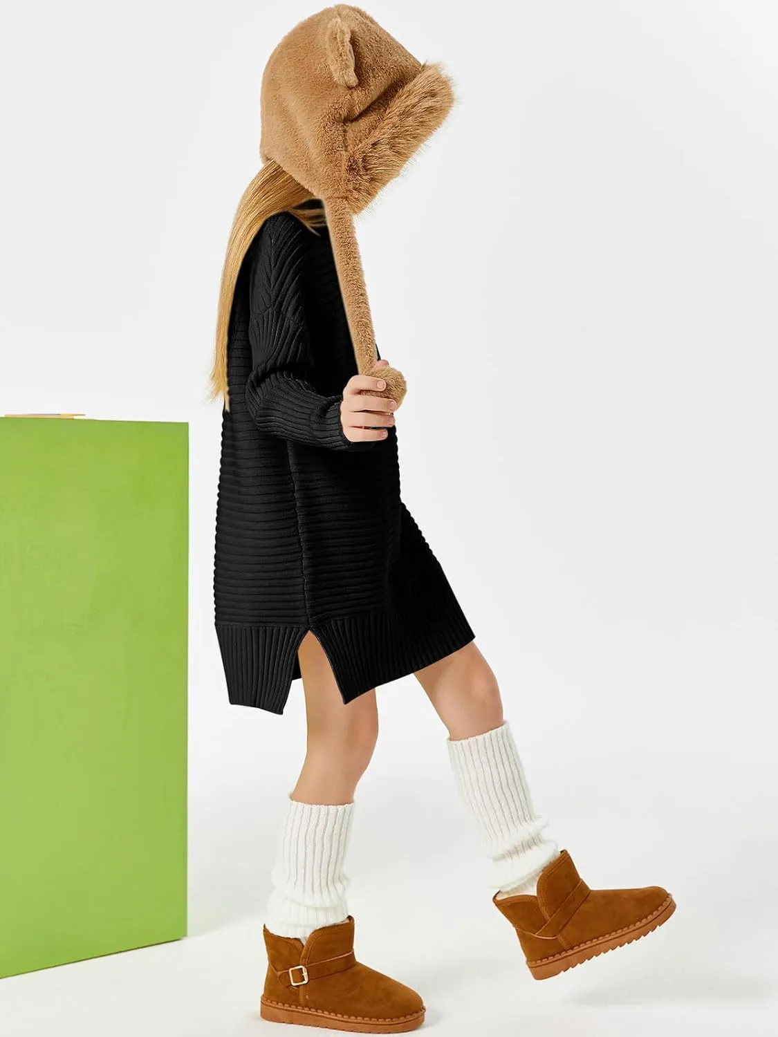 Haloumoning Kids Girls Turtleneck Tunic Sweaters Dress Oversized Long Sleeve Knit Chunky Pullover Jumper with Slit 5-14T
