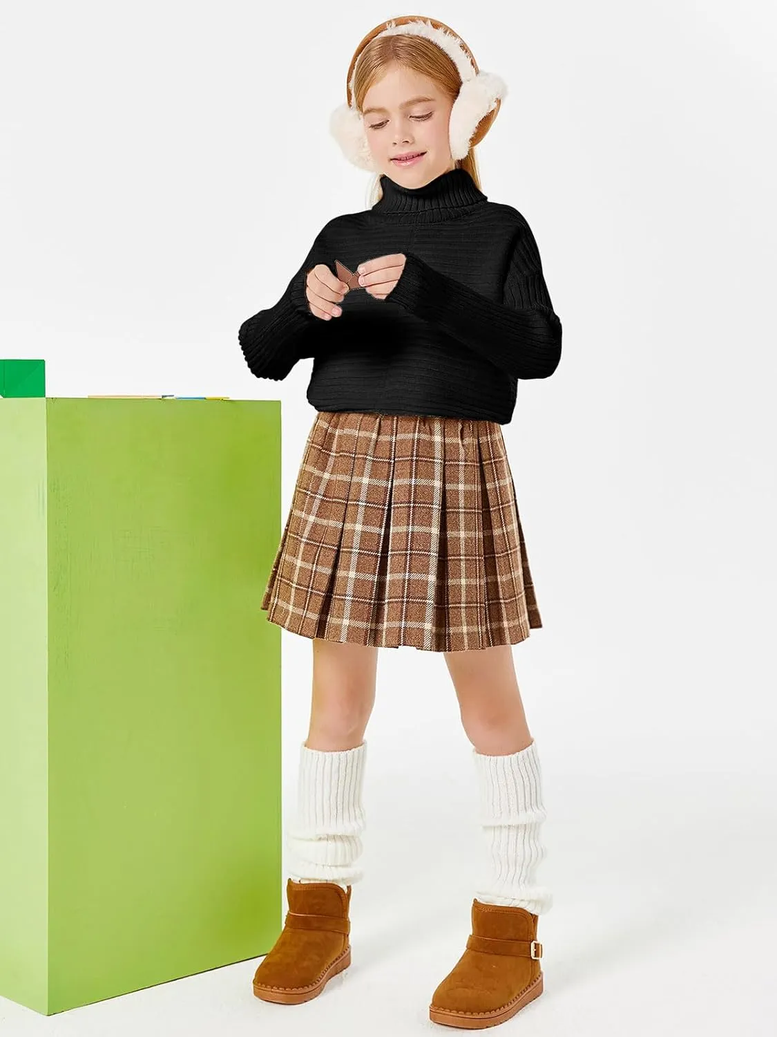 Haloumoning Kids Girls Turtleneck Tunic Sweaters Dress Oversized Long Sleeve Knit Chunky Pullover Jumper with Slit 5-14T