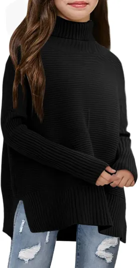 Haloumoning Kids Girls Turtleneck Tunic Sweaters Dress Oversized Long Sleeve Knit Chunky Pullover Jumper with Slit 5-14T