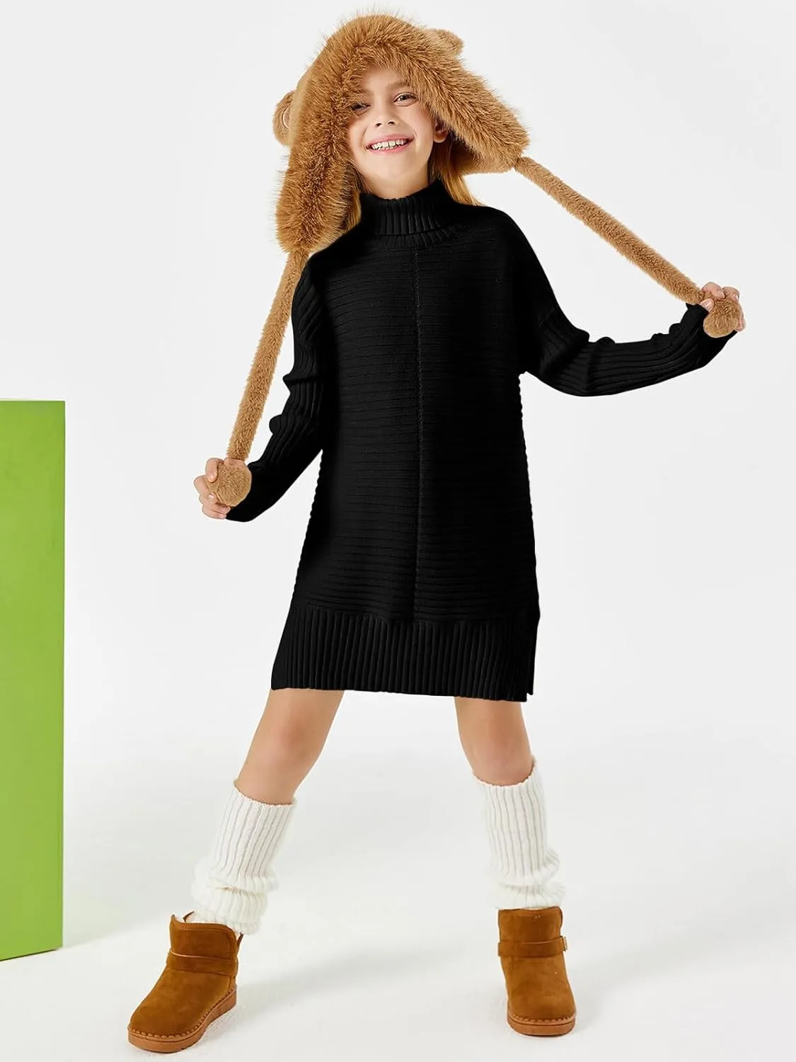 Haloumoning Kids Girls Turtleneck Tunic Sweaters Dress Oversized Long Sleeve Knit Chunky Pullover Jumper with Slit 5-14T