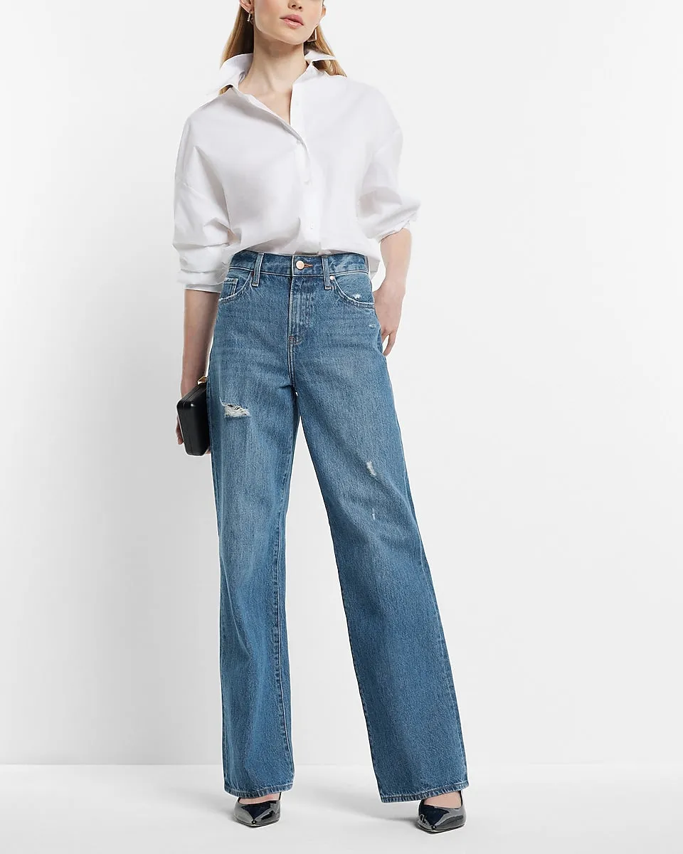 High Waisted Medium Wash Ripped Wide Leg Jeans in Medium Wash