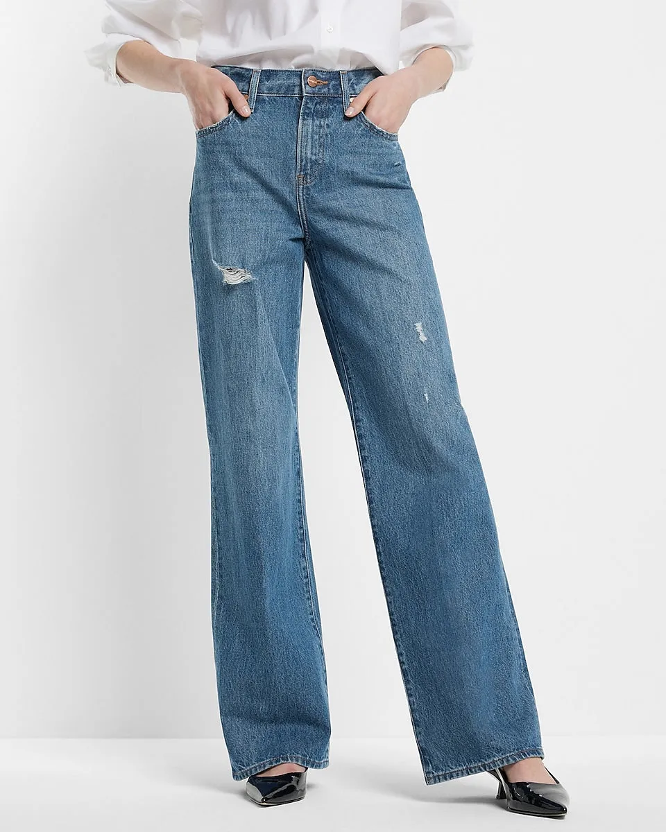 High Waisted Medium Wash Ripped Wide Leg Jeans in Medium Wash