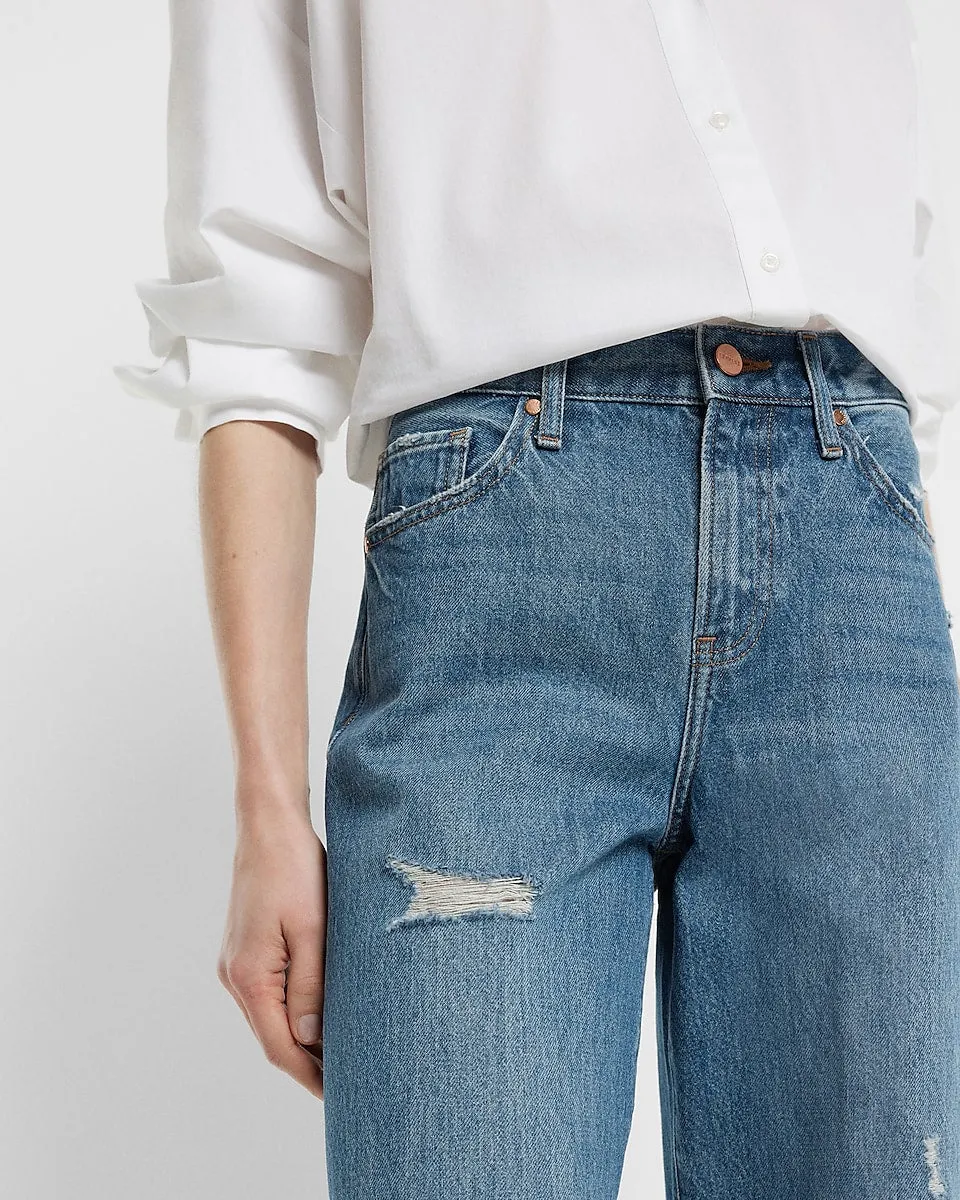 High Waisted Medium Wash Ripped Wide Leg Jeans in Medium Wash