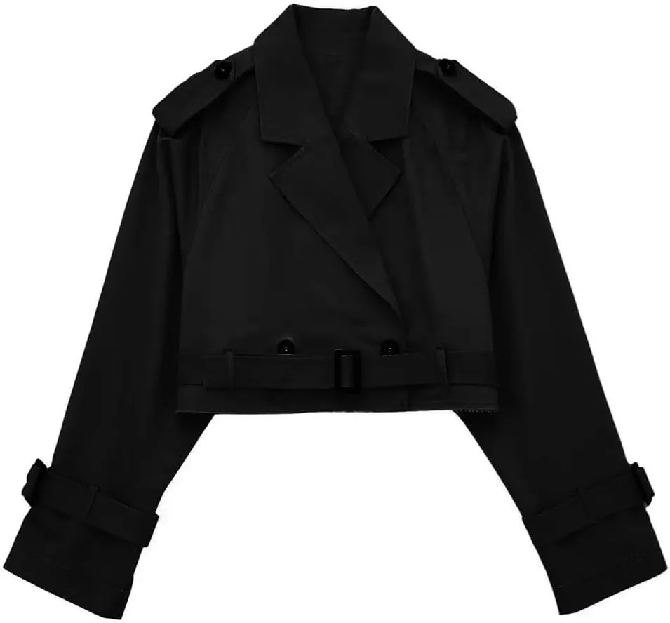 HOULENGS Cropped Trench Coat for Women Casual Long Sleeve Motorcycle Jacket Double Breasted Pea Coat Outwear with Belt