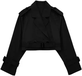 HOULENGS Cropped Trench Coat for Women Casual Long Sleeve Motorcycle Jacket Double Breasted Pea Coat Outwear with Belt