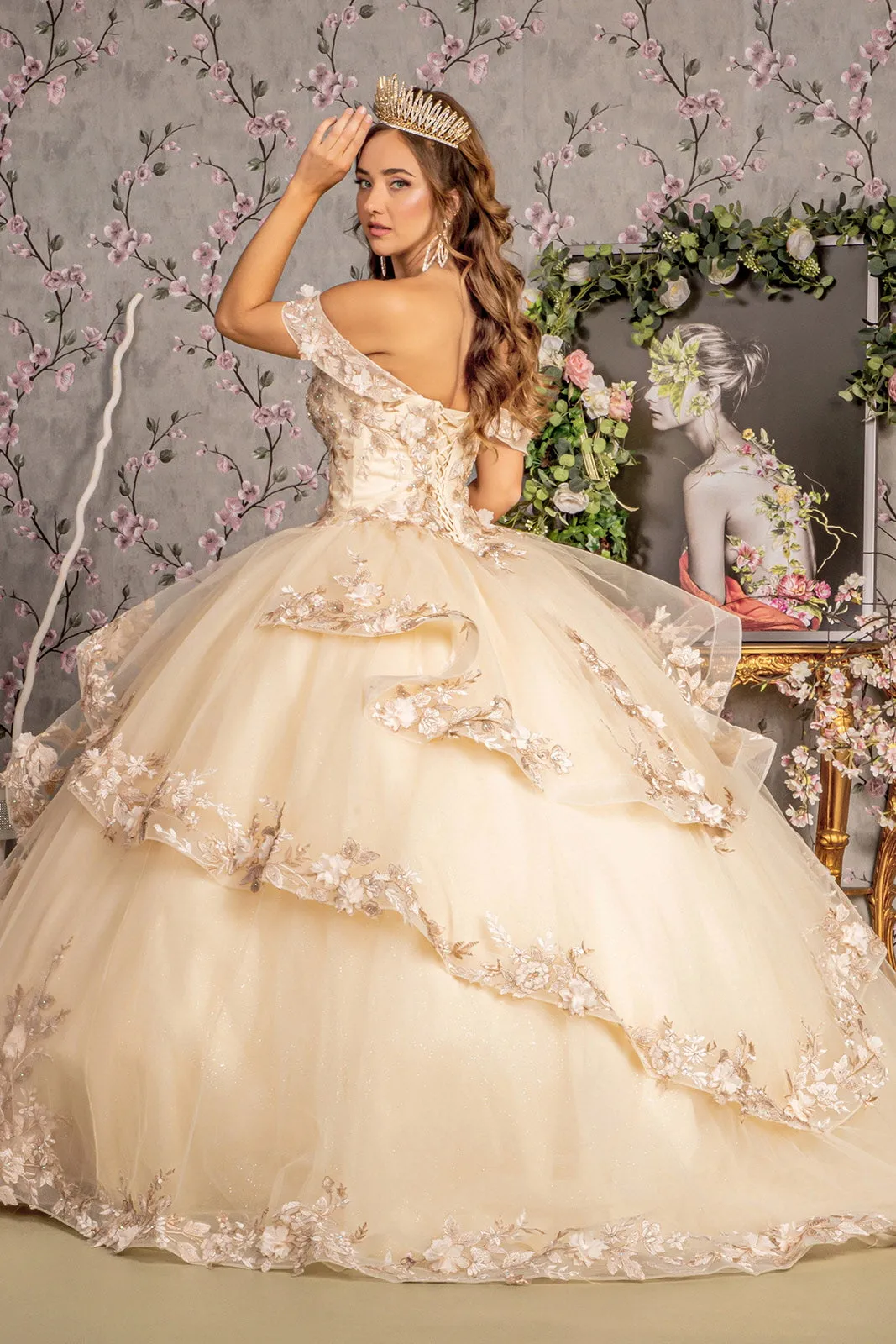 Jewel Sequin Sweetheart Off Shoulder Mesh Ball Gown GLGL3240