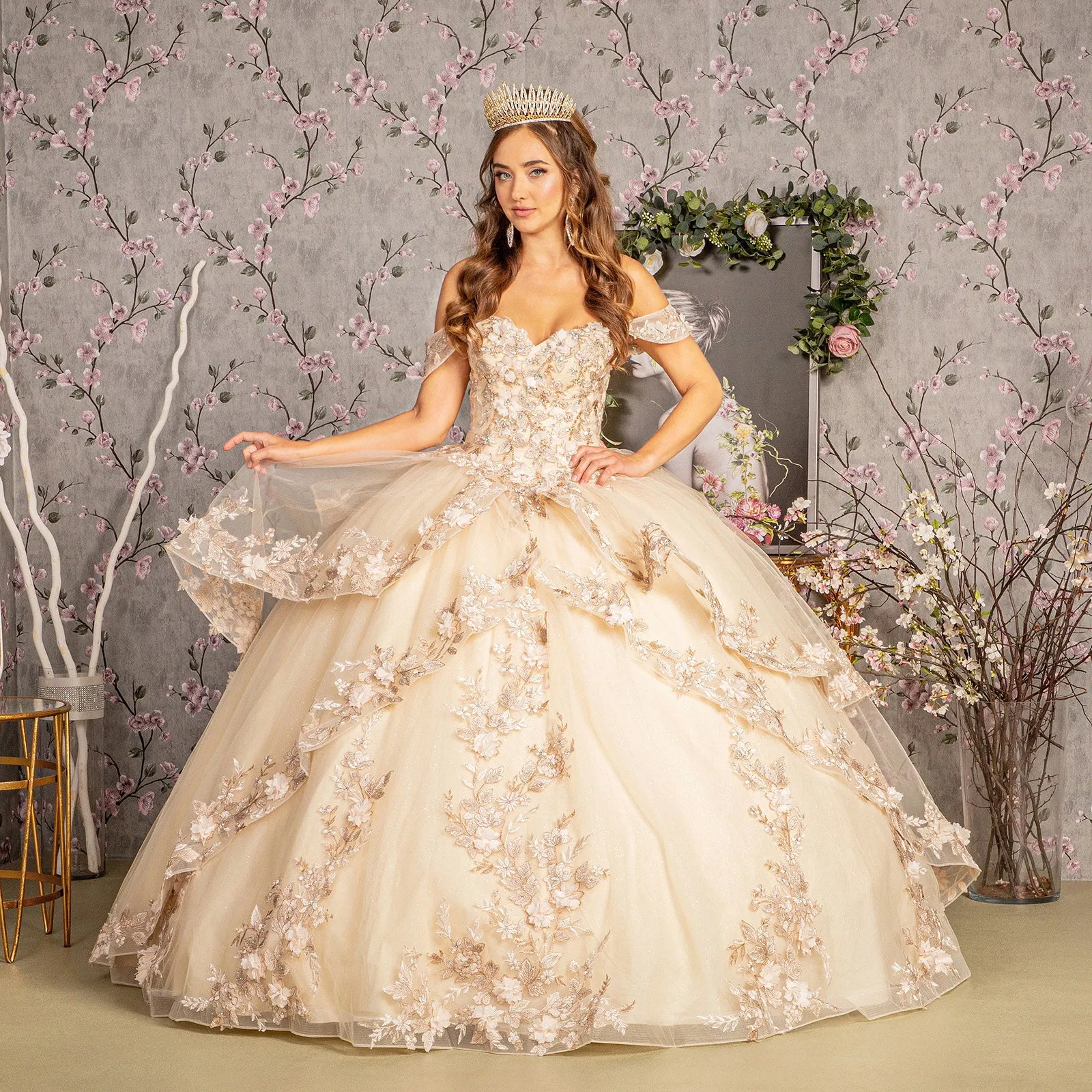 Jewel Sequin Sweetheart Off Shoulder Mesh Ball Gown GLGL3240