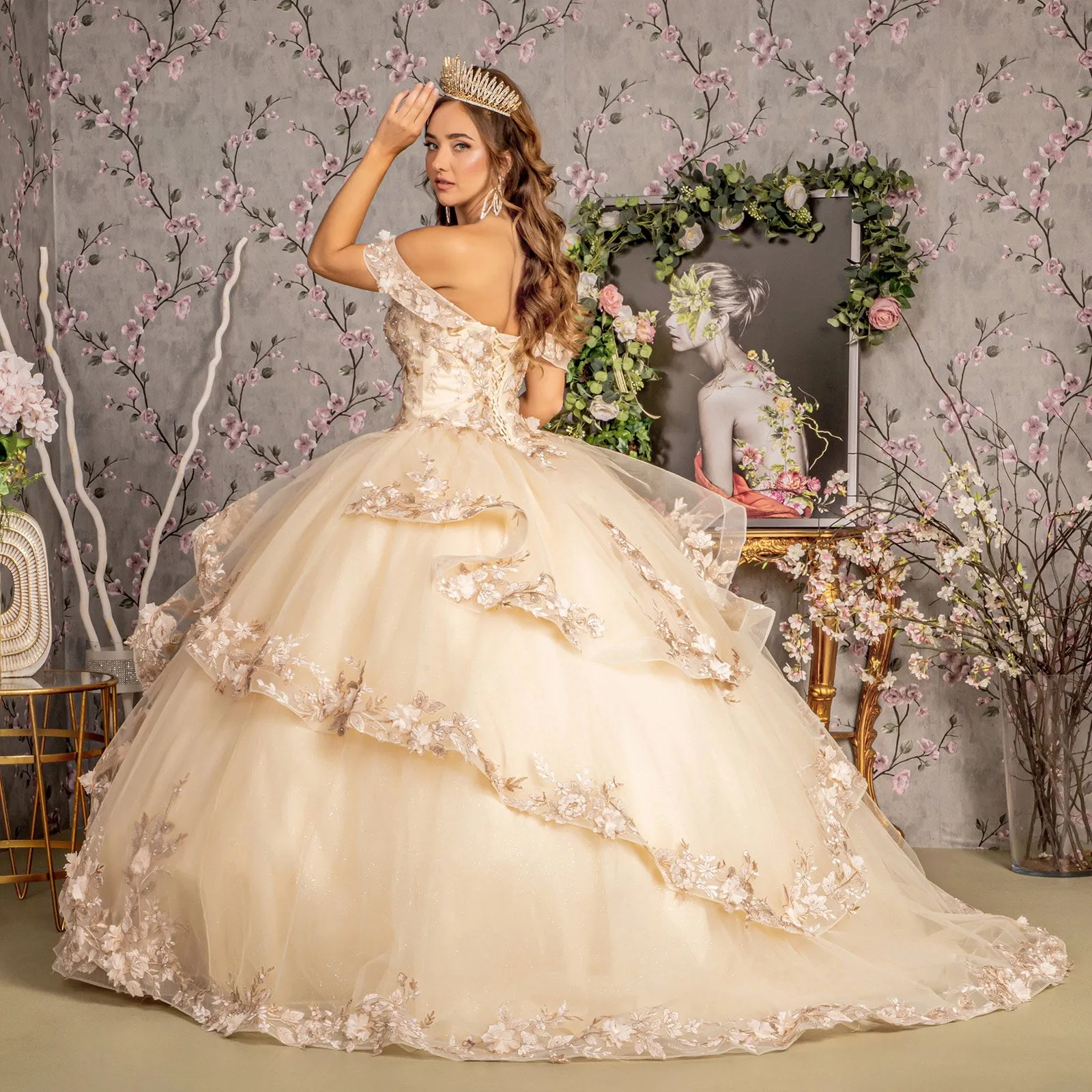 Jewel Sequin Sweetheart Off Shoulder Mesh Ball Gown GLGL3240