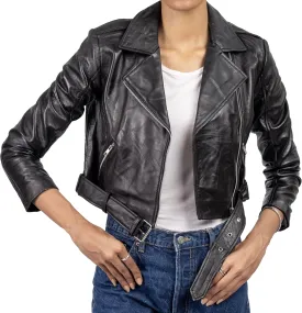 Jild Cropped Leather Jacket Women Lapel Asymmetric Zip Up Moto Biker Short Coat with Belt