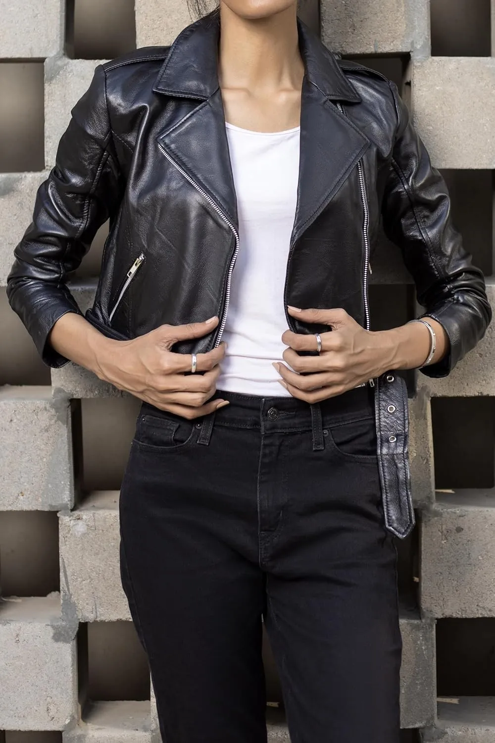 Jild Cropped Leather Jacket Women Lapel Asymmetric Zip Up Moto Biker Short Coat with Belt