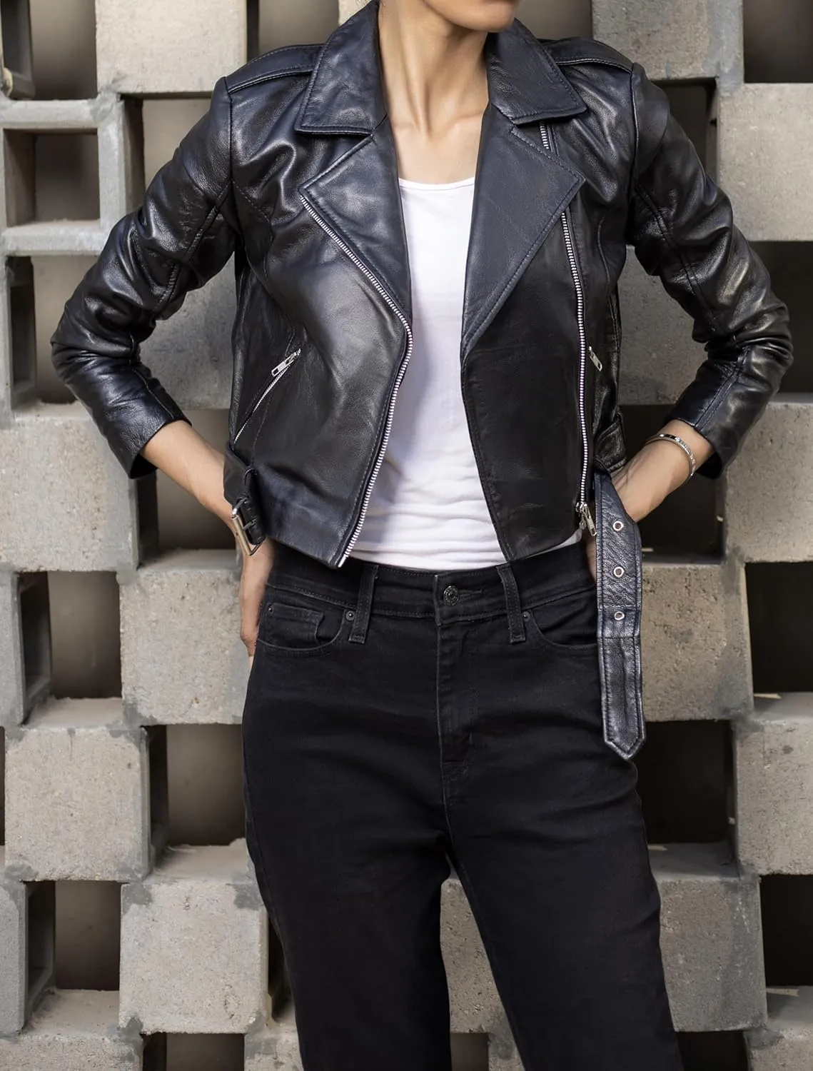 Jild Cropped Leather Jacket Women Lapel Asymmetric Zip Up Moto Biker Short Coat with Belt
