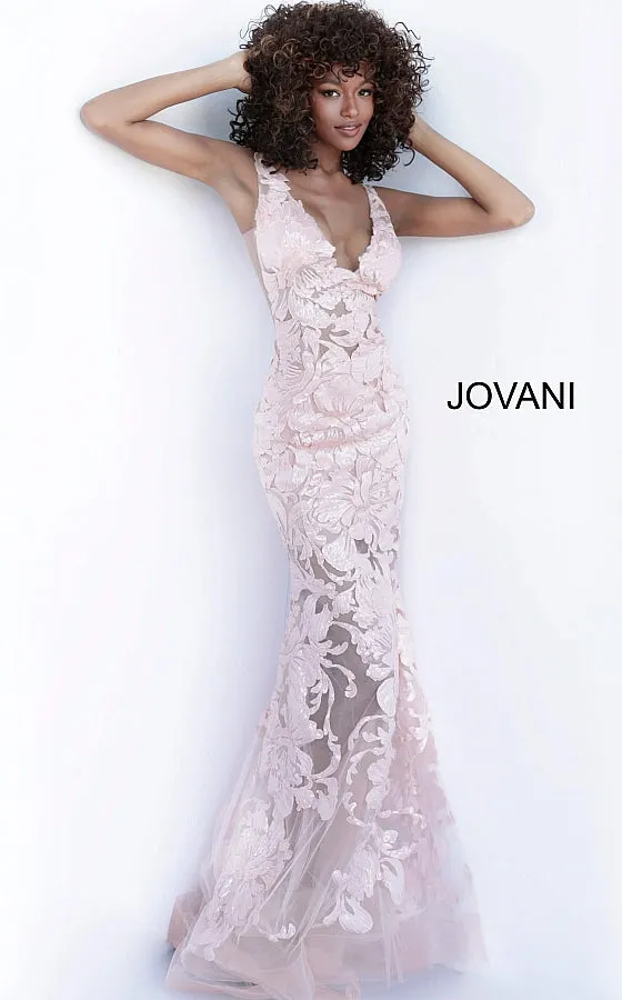 Jovani 60283 Long Floral Sheer Sequin Formal Evening Prom Dress V Neck Gown