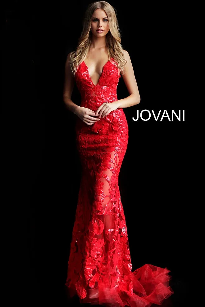 Jovani 60283 Long Floral Sheer Sequin Formal Evening Prom Dress V Neck Gown